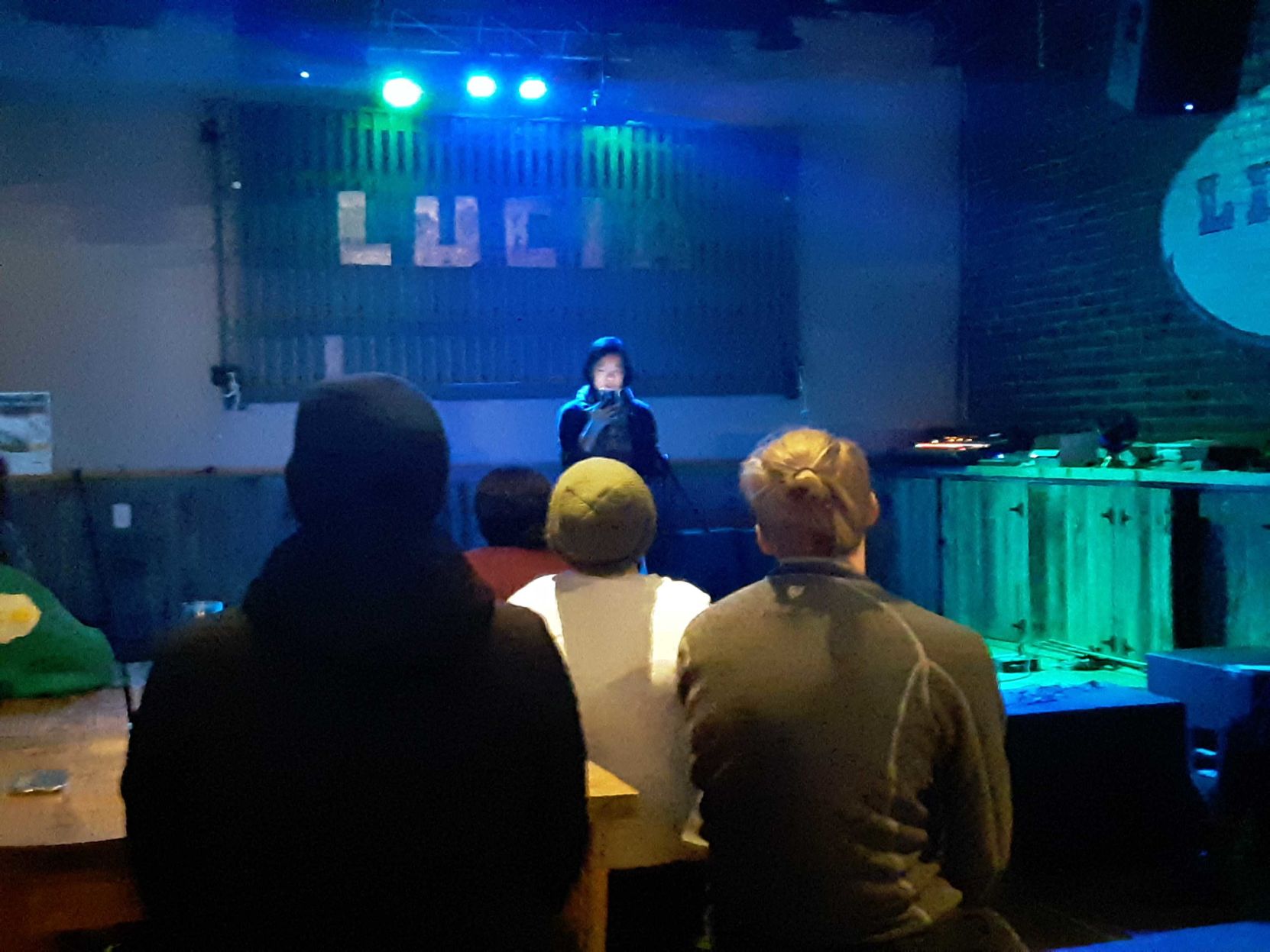 Yee-Lum Mak reads the first chapter of the fan fiction,“Sonic High School” on a stage at Lucia Beer Garden & Grill